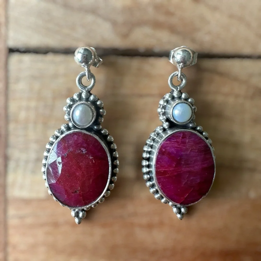 Vintage Artisan Stud Dangle Earrings 1.3 Inch Ruby Pearl 925 Sterling 10.4g‎